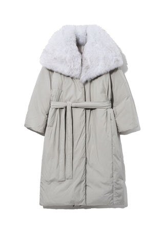 Fox Fur Collar Long Puffer Jacket Grey