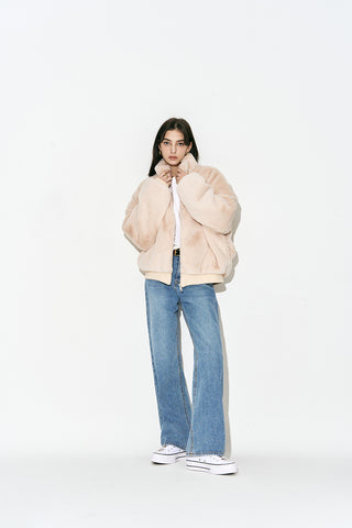 Soft Faux Fur Zipper Jacket Beige