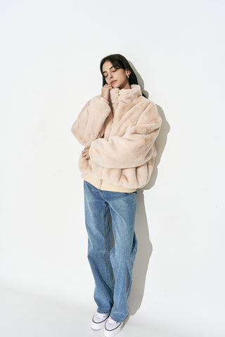 Soft Faux Fur Zipper Jacket Beige