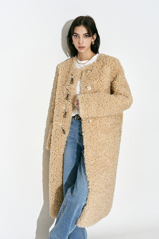 Faux Fur Long Coat Beige