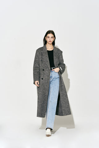 Layered Double-breasted Wool Coat Charcoal