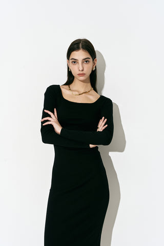 Square Neck Long Dress Black