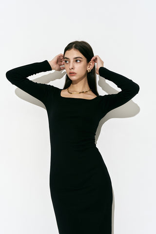 Square Neck Long Dress Black