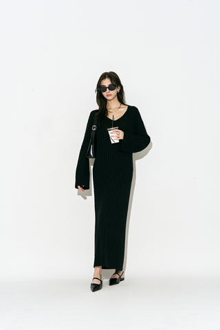 V Neck Maxi Long Sweater Dress Black