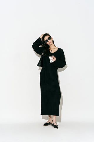 V Neck Maxi Long Sweater Dress Black