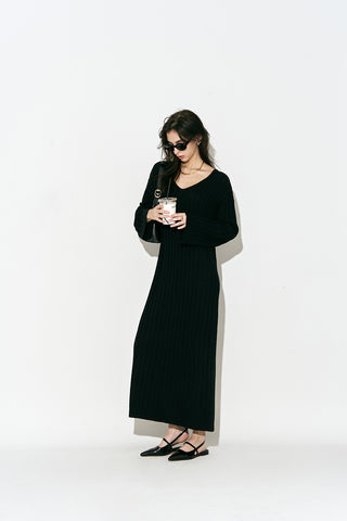 V Neck Maxi Long Sweater Dress Black