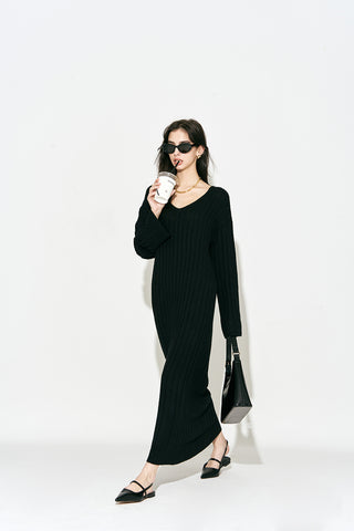 V Neck Maxi Long Sweater Dress Black