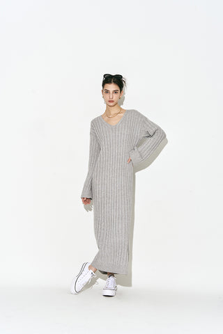 V Neck Maxi Long Sweater Dress Grey