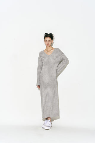 V Neck Maxi Long Sweater Dress Grey