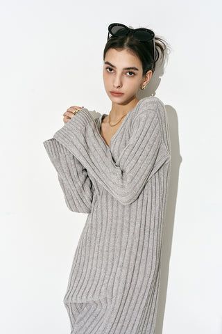 V Neck Maxi Long Sweater Dress Grey