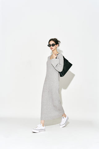 V Neck Maxi Long Sweater Dress Grey