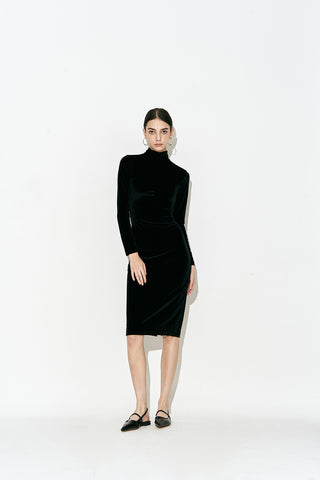 Velvet Turtleneck Midi Dress Black