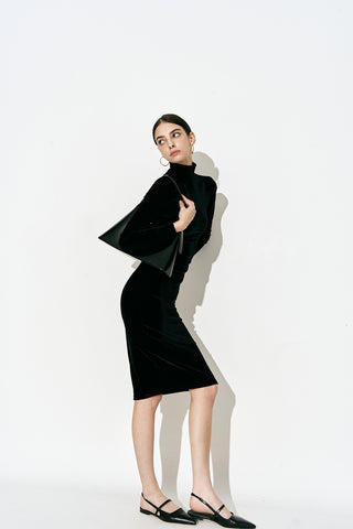 Velvet Turtleneck Midi Dress Black