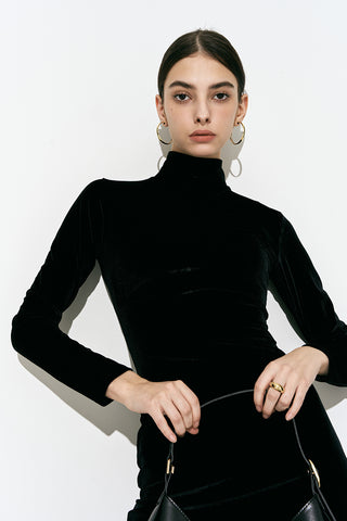 Velvet Turtleneck Midi Dress Black