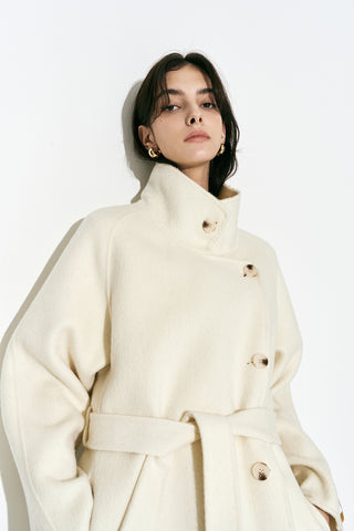 High-neck Alpaca-wool Long Coat Ivory